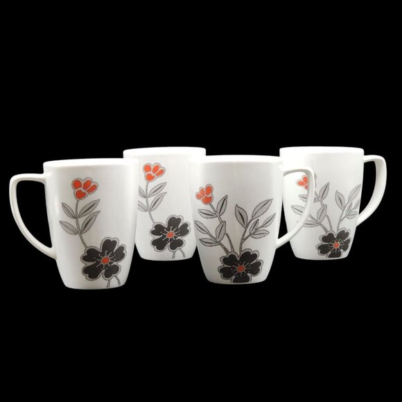 Corelle Coordinates White Porcelain‎ Coffee Mug 12oz Set 4pc Black Orange Flower - Picture 1 of 11